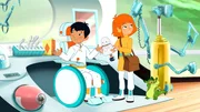 Lilli zeigt Aiko den defekten kleinen Roboter. Lilli zeigt Aiko den defekten kleinen Roboter.