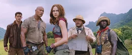 L-R: Seaplane (Nick Jonas), Bravestone (Dwayne Johnson), Ruby (Karen Gillan), Oberon (Jack Black) und Mouse (Kevin Hart)