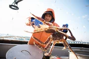 Chris Kirk throws two big king crab into the hold. Chris Kirk throws two big king crab into the hold.