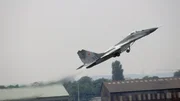 A Russian MiG-29 aircraft takes off shortly before crashing at the 1989 Paris Air Show. Though the aircraft is destroyed, the pilot is only slightly injured. The air show is an international exhibition of military aircraft taking place at Le Bourget Airport near Paris. (Photo by Alain Nogues/Sygma/Sygma via Getty Images)
