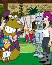 Fry (M.); Leela (r.); Bender (2.v.r.)