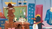 Der Pinguin berichtet Sherlock Yack und Hermione von dem Anschlag auf seine Sommerkollektion.