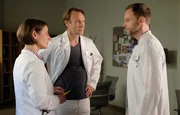 Chefarzt Dr. Kai Hoffmann (Julian Weigend, re.) h&auml;tte gern eine Begr&uuml;ndung, warum Dr. Stein (Bernhard Bettermann, mi.) die Untersuchung einer Patientin trotz gewisser Warnsignale nach hinten verschoben hat. Doch da stellt sich Dr. Maria Weber (Annett Renneberg, li.) vor Martin. Auch sie hatte keine ernsthaften Bedenken. Als Maria sich zu Wort meldet, schaltet Kai einen Gang zur&uuml;ck.