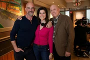 LLAW & ORDER: ORGANIZED CRIME -- "Sins Of Our Father" Episode 408 -- Pictured: (l-r) Christopher Meloni; Director Milena Govich; Dann Florek -- (Photo by: Virginia Sherwood/NBC)