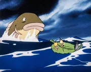 Oh Schreck, – wenn der Riesenfisch zuschnappt, sind sie verloren. Oh Schreck, – wenn der Riesenfisch zuschnappt, sind sie verloren.