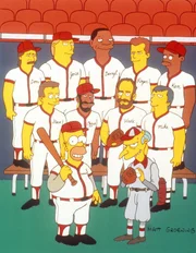 Die betriebseigene Baseballmannschaft von Mr. Burns (vorne r.) tritt im St&auml;dtewettkampf an. In der Regel ist diese Mannschaft nicht besonders erfolgreich. Diesmal aber tritt Homer (vorne l.) mit einem selbst gebastelten Schl&auml;ger an ...