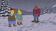 Auf ihrer Suche nach Bart treffen Homer (l.) und Grandpa (M.) auf den Basketballer Shaquille O'Neil (r.). Kann er ihnen helfen, den verschollenen Sohn wiederzufinden?