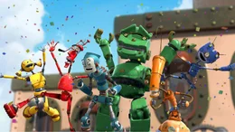Die ganze Robotertruppe auf einen Blick: Piper Pinwheeler (li.), Fender Pinwheeler (2.v.li.), Rodney Copperbottom (Mi.), Lug (3.v.re.), Crank Casey (2.v.re.) und Diesel Springer (re.)