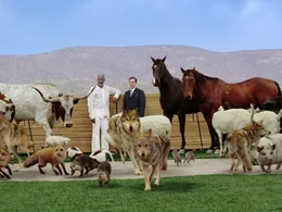 Gott (Morgan Freeman, li.) und die Tiere besteigen die Arche von Evan Baxter (Steve Carell).  +++ Die Verwendung des sendungsbezogenen Materials ist nur mit dem Hinweis und Verlinkung auf RTL+ gestattet. +++; Gott (Morgan Freeman, li.) und die Tiere besteigen die Arche von Evan Baxter (Steve Carell).  +++ Die Verwendung des sendungsbezogenen Materials ist nur mit dem Hinweis und Verlinkung auf RTL+ gestattet. +++