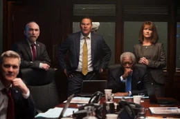 L-R: DC Mason  (Jackie Earle Haley), NSA Ray Monroe (Sean O'Bryan), VP Allan Trumbull (Morgan Freeman), Defence Secretary Ruth Macmillan (Melissa Leo)