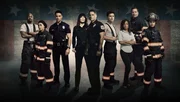 9-1-1: LONE STAR: L-R: Brian Michael Smith as Paul Strickland, Natacha Karam as Marjan Marwani, Rafael Silva as Carlos Reyes, Liv Tyler as Michelle Watts, Rob Lowe as Owen Strand, Ronen Rubenstein as T.K. Strand, Sierra McClain as Grace Ryder, Jim Paarack as Judd Ryder and Julian Works as Mateo Chavez in 9-1-1: LONE STAR.