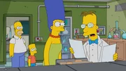 Professor Frink (r.) entwickelt einen neuartigen Test, der die Charakterz&uuml;ge von Homer (l.), Bart (2.v.l.) und Marge (2.v.r.) genau skizziert ...