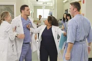 Alex (Justin Chambers, 2.v.l.) bekommt unerwarteten Besuch von seinem Bruder Aaron (Jack McLaughlin, r.), dabei kommt es zwischen den beiden zum Streit. Meredith (Ellen Pompeo, l.) und Bailey (Chandra Wilson, 2.v.r.) versuchen, die Streith&auml;hne zu beruhigen ...