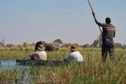 Levison Wood and Kane Motswana watch elephants in the water of the Okavango Delta