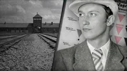 Kurt Br&uuml;ssow im Vordergrund. Im Hintergrund links KZ Auschwitz-Birkenau; rechts eine Tafel mit KZ-Kennzeichen.
