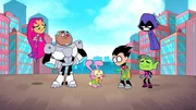 v.li.: Starfire, Cyborg, The Easter Bunny, Robin, Beast Boy, Raven