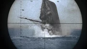 Alliiertes Schiff, das von einem deutschen Torpedo getroffen wird, gesehen durch das Periskop eines deutschen U-Boot, Februar 1941    +++