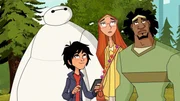 (L-R): Baymax, Hiro Hamada, "Honey Lemon", "Wasabi"