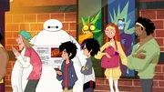 L-R: Fred (voiced by Brooks Wheelan), Baymax (voiced by Scott Adsit), Hiro (voiced by Ryan Potter), Go Go (voiced by Jamie Chung), Honey Lemon (voiced by Genesis Rodriguez), Wasabi (voiced by Khary Payton)