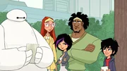 L-R: Baymax (voiced by Scott Adsit), Honey Lemon (voiced by Genesis Rodriguez), Go Go (voiced by Jamie Chung), Wasabi (voiced by Khary Payton), Hiro (voiced by Ryan Potter)
