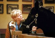 Dharma (Jenna Elfman) versucht dem Pferd Steve klarzumachen, dass sie seine Liebe nicht erwidern kann. Titel: Dharma & Greg