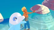 Zoom, der wei&szlig;e Delfin, und sein bester Freund Yann. Die beiden freuen sich, weil sie Yanns kleine Schwester Marina entdeckt haben.