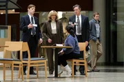 Impeachment: American Crime Story "Man Handled" Episode 6 -- Pictured: (l-r) Brian Maillard as Agent Fallon, Sarah Paulson as Linda Tripp, Beanie Feldstein as Monica Lewinsky, Craig Welzbacher as Agent Irons.