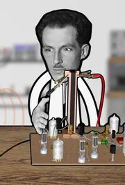 Das Bild zeigt eine Comic-Illustration mit Elementen aus dem realen Leben: Ein Mann, h&ouml;chstwahrscheinlich ein Ingenieur oder Erfinder, steht neben einer Vakuumr&ouml;hrenschaltung, die mit einem Lautsprecher und einem Voltmeter verbunden ist.