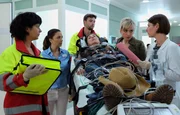 Britta Schloh (Steffi K&uuml;hnert, liegend) wird von der Not&auml;rztin (Sarah Arntz, li.) in die Sachsenklinik eingeliefert. Den Tross begleitet Brittas Schwester Heidi (Katharina Abt, 2.v.re.). Dr. Maria Weber (Annett Renneberg, re.) vermutet ein kardiologisches Problem. Oberschwester Arzu (Arzu Bazman); mi: Rettungssanit&auml;ter (Komparse)