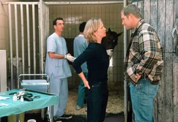 Die Tier&auml;rztin Dr. Tana Fechner (Ann-Kathrin Kramer, Mitte) versucht zusammen mit ihrem Kollegen Dr. Alexander Pfleghar (Heio von Stetten, li.) ein erkranktes Pferd des Reitstall-Besitzers Bernhard Bausch (Harald Krassnitzer, re.) zu retten.