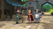 Der Bildhauer pr&auml;sentiert Prinz John und dem Sheriff die Statue von Prinz John. Prinz John ist emp&ouml;rt.