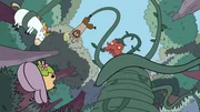 Die vier Helden gehen ohne Herbert auf Mission. Sie sollen sich um eine Rankenpflanze, die im Wald ihr Unwesen treibt, k&uuml;mmern. Schnell hat sie Bl&uuml;mchen (rechts), Twinkle (2. von rechts) und Hufius 3. von rechts) eingewickelt.