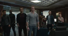 L-R: Clint Barton / Hawkeye (Jeremy Renner), James Rhodes / War Machine (Don Cheadle), Tony Stark / Iron Man (Robert Downey jr.), Steve Rogers / Captain America (Chris Evans), Nebula (Karen Gillan), Rocket, Scott Lang / Ant-Man (Paul Rudd), Natasha Romanoff / Black Widow (Scarlett Johansson).