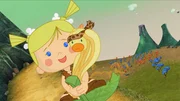 Zoé rutscht mit QuackQuack im Land der Dinosaurier auf einem Blatt den Hang hinab. Zoé rutscht mit QuackQuack im Land der Dinosaurier auf einem Blatt den Hang hinab.
