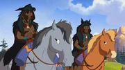 Zwei Indianer eines anderen Stammes, die ihre Pferde schlecht behandeln, wollen Pumas jagen. Yakari ist emp&ouml;rt und will den Pferden und den Pumas helfen.