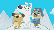 Dog, Puck und Oma Puck versuchen nicht von einer Lawine &uuml;berrollt zu werden.