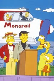 Die Einschienenbahn wird von Mr. Lanley (l.) und Leonard Nimoy (2.v.l.) eingeweiht. Marge (3.v.r.), Lisa (r.), Bart (oben l.) und Maggie (2.v.r.) sind m&auml;chtig stolz auf Homer, der den Job als Zugf&uuml;hrer angenommen hat.