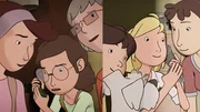 Was f&uuml;r ein Durcheinander am Telefon! Links Kati, Sophie und ihre Oma, rechts Hanno, Sputnik, Fritzi und Julia.