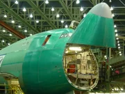 Everett, Washington, USA: An angled view of the open nose cargo door of the 747-8 Freighter. The airliner is the largest plane made in the United States as it manufactured by the Boeing corporation in Everett Washington. Everett, Washington, USA: An angled view of the open nose cargo door of the 747-8 Freighter. The airliner is the largest plane made in the United States as it manufactured by the Boeing corporation in Everett Washington.