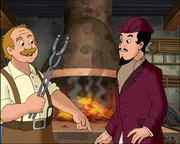 Der Hufschmied (l.) hat Besuch von Graf Falko von Falkenstein (r.).