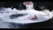 Freeze dried fruit with liquid nitrogen smoke.