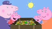 Opa Wutz, Peppa, Schorsch und Oma Wutz (v.l.) betrachten das Treiben im Komposthaufen. So lernen Peppa und Schorsch viel &uuml;ber die Natur.