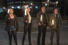 (v.l.n.r.) Little Rock (Abigail Breslin); Wichita (Emma Stone); Tallahassee (Woody Harrelson); Columbus (Jesse Eisenberg)