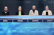 Die Kandidat:innen der Sendung (v.l.n.r.): Dirk Jarius, Irene Merkel, Simon Grantz und Mary Lattner.