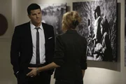 BONES: Booth (David Boreanaz, L) questions a art gallery owner (guest star Annie Fitzgerald, L) about chilling images which depict the victims childhood in Sierra Leone in the "The Survivor in the Soap" episode of BONES.