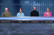 Die Kandidat:innen der Sendung (v.l.n.r.): Jonathan Jordan, Eva Altmeier, Thorge Backhaus und Bettina Ascheberg.
