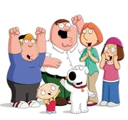 (14. Staffel) - Die Griffins: Chris (l.), Peter (2.v.l.), Lois (2.v.r.), Meg (r.), Brian (vorne r.) und Stewie (vorne l.).