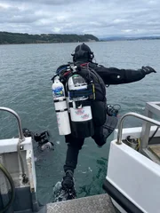 Ross Kemp springt in der N&auml;he von Plymouth Sound, Devon, ins Wasser.