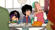 L-R: Go Go (voiced by Jamie Chung), Hiro (voiced by Ryan Potter), Fred (voiced by T.J. Miller)