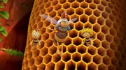 Die K&ouml;nigin mit Maja und Willi im Bienenstock.